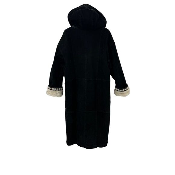 Vintage Sin by Morgan Cooper Black Suede Faux Fur Hooded Trench Coat Jacket L - Picture 7 of 16